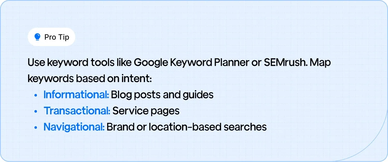 A pro tip suggesting the use of keyword tools like Google Keyword Planner or SEMrush to map keywords by user intent for better SEO targeting.