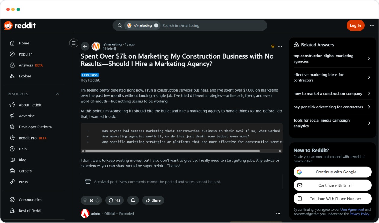 One contractor shared on Reddit that after $7k in marketing spend, they’d received zero jobs, highlighting the risk of simply ‘doing digital’ without a strategy.
