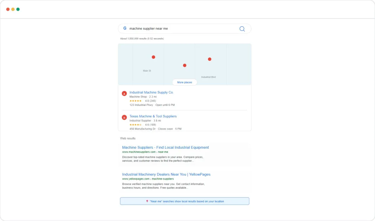 Google search results showing “near me” results for manufacturing industry buyers