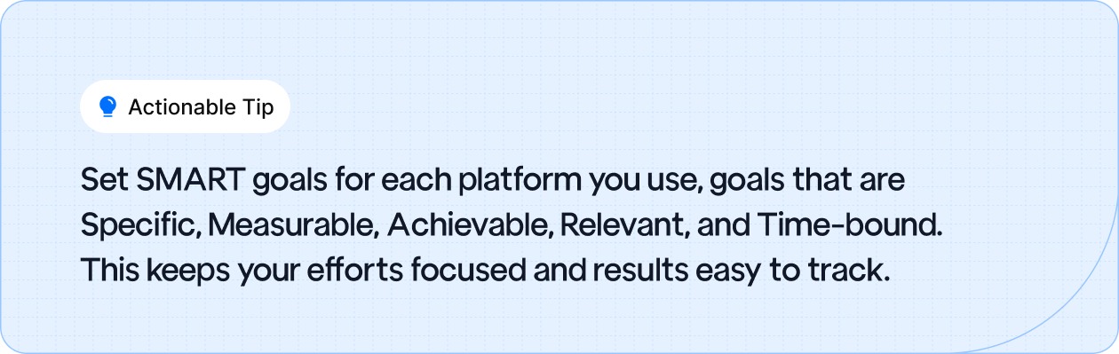 SMART goals for each platform you use, goals that are Specific, Measurable, Achievable, Relevant, and Time-bound. This keeps your efforts focused and results easy to track
