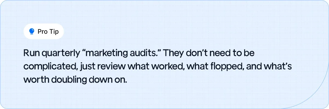 Run quarterly marketing audits, review wins, misses, and what to double down on.