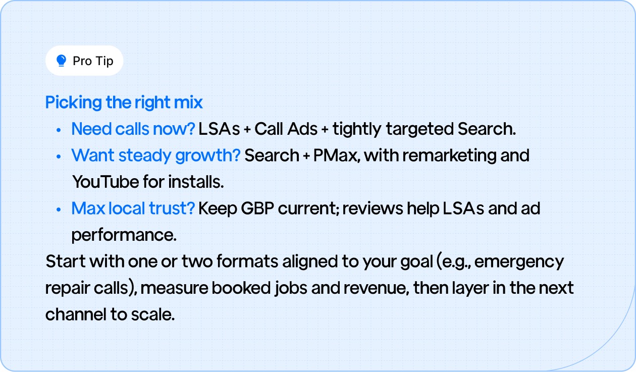 Gushwork’s PPC experts share pro tips for maximizing HVAC ad results—choose the right mix of LSAs, Search, and remarketing campaigns to match your business goals and grow efficiently.