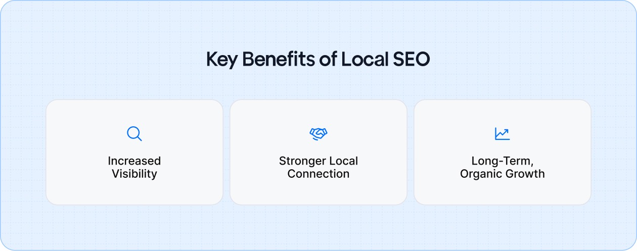 Key benefits of local SEO: enhanced visibility, stronger community trust, and sustained organic growth.