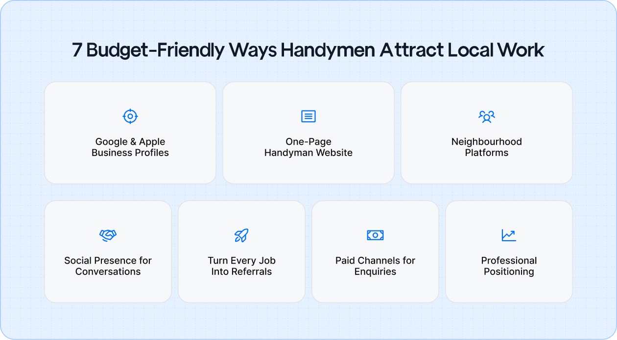 Discover 7 cost-effective ways handyman businesses attract local work with minimal budget, from optimized Google profiles to leveraging referrals and social presence.