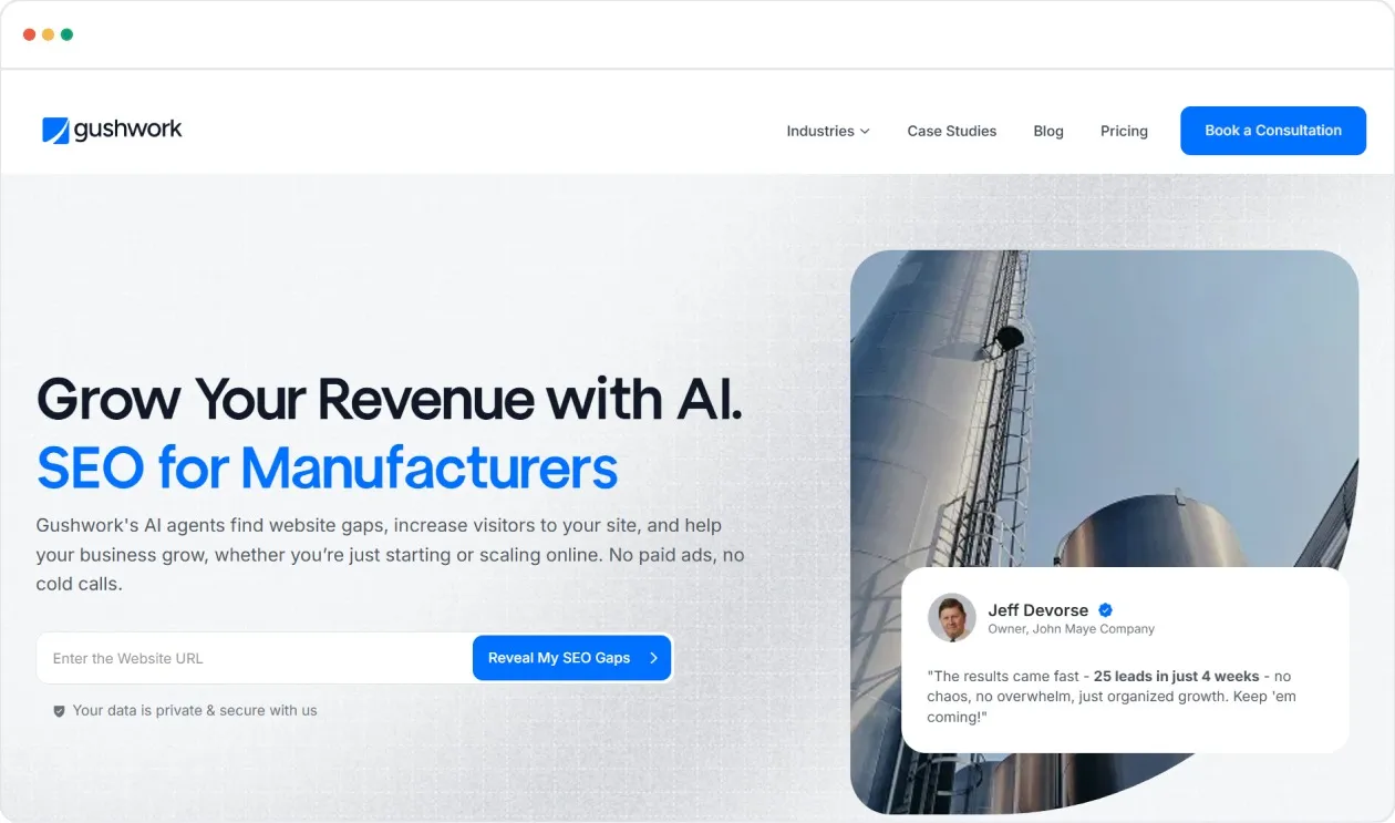 Gushwork is AI-driven and designed to help HVAC manufacturers optimize their content and improve visibility. Automate keyword research, optimize content, and improve local SEO, all without the need for a big marketing team.