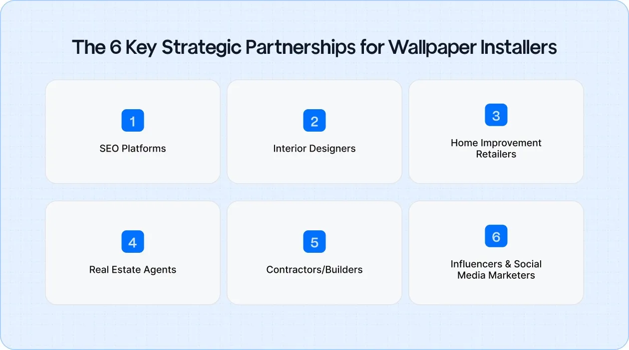 Key partnerships every wallpaper installer should consider to expand reach, attract new clients, and grow through SEO platforms, designers, retailers, contractors, and influencers.