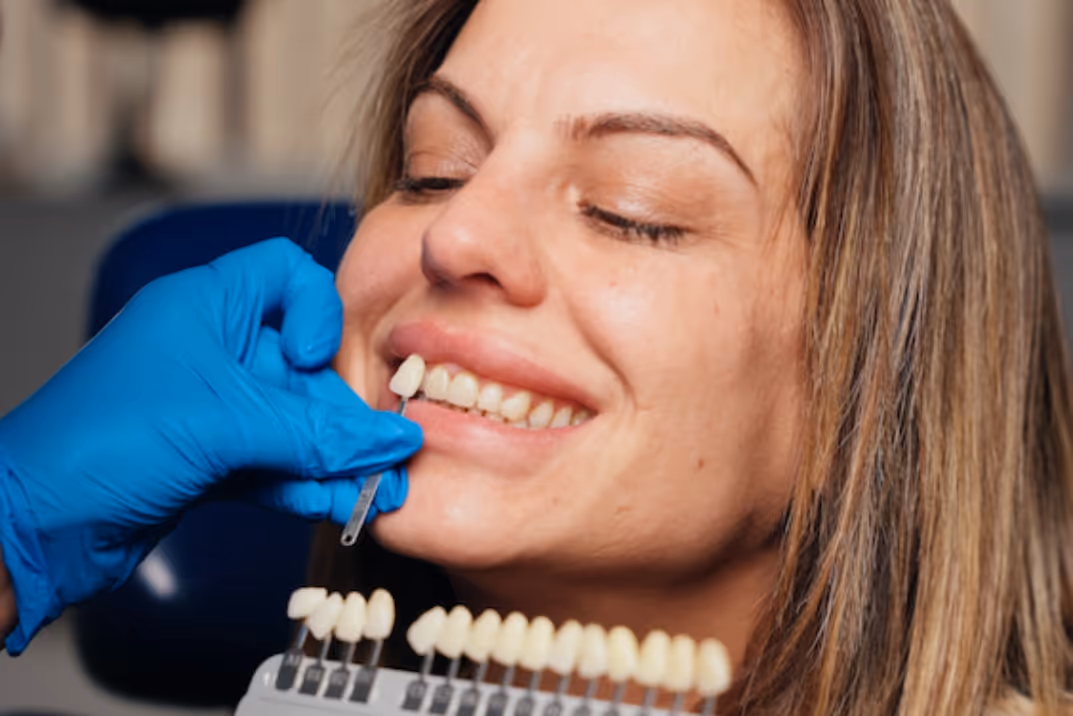 Woman smiling as dentist compares her teeth shade to a dental color guide for whitening.