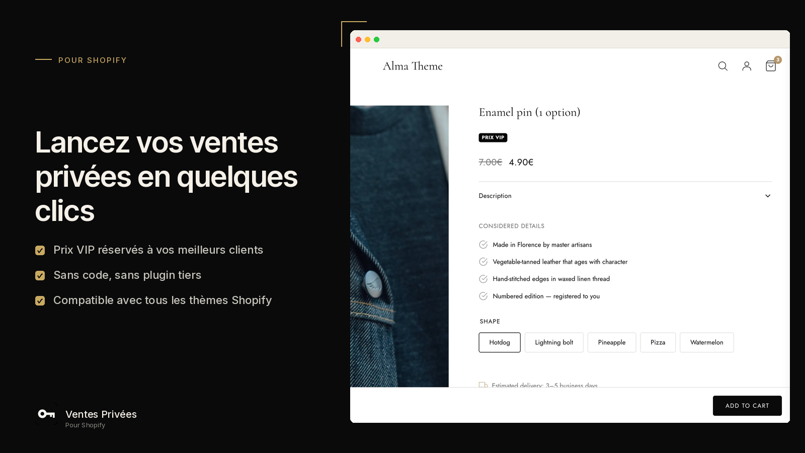 Ventes privées Shopify : badge VIP et prix barré sur la vitrine