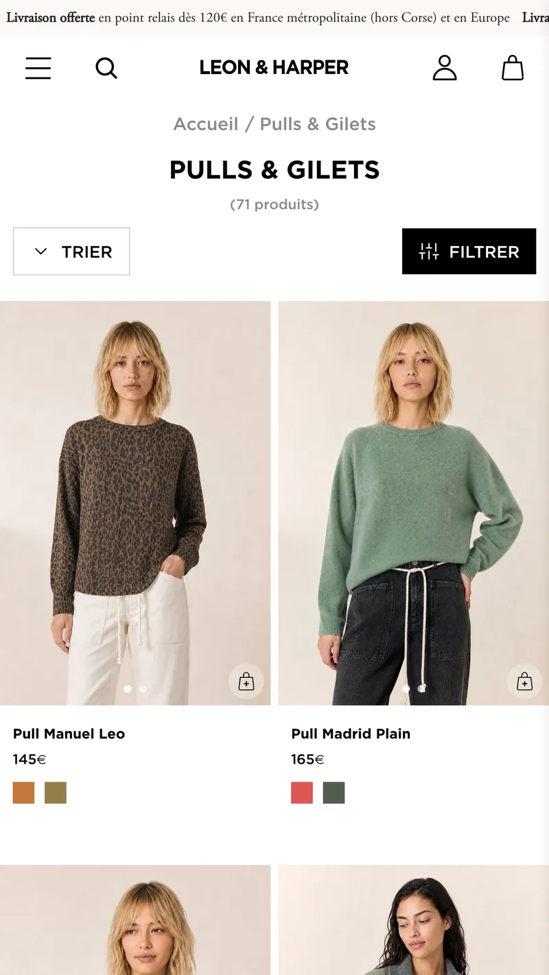 Liste produits de la boutique Leon & Harper, version mobile