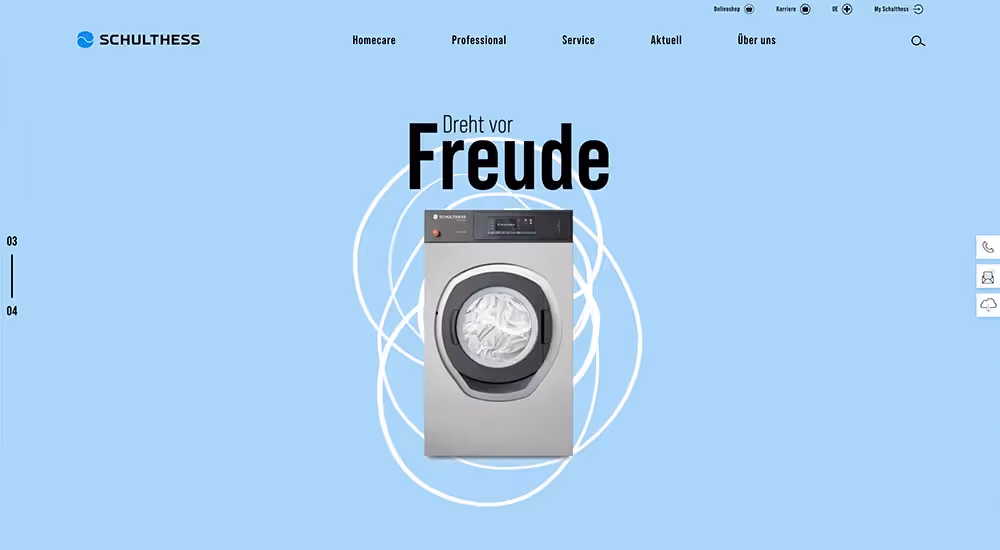 Schulthess Website Startseite mit Industriewaschmaschine – Webagentur Zürich Rosarot