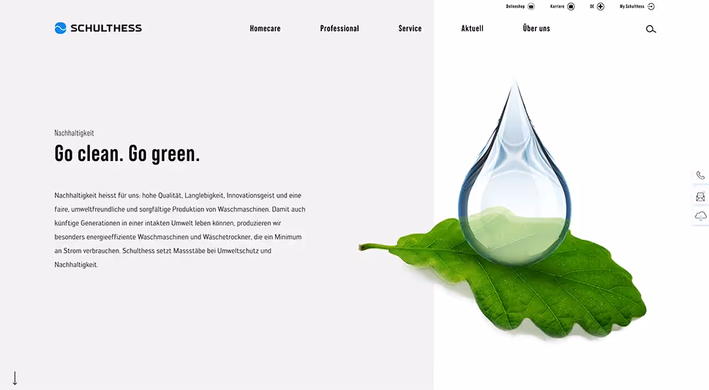Schulthess Website Startseite mit grossem Wassertropfen auf einem Blatt – Webagentur Zürich Rosarot