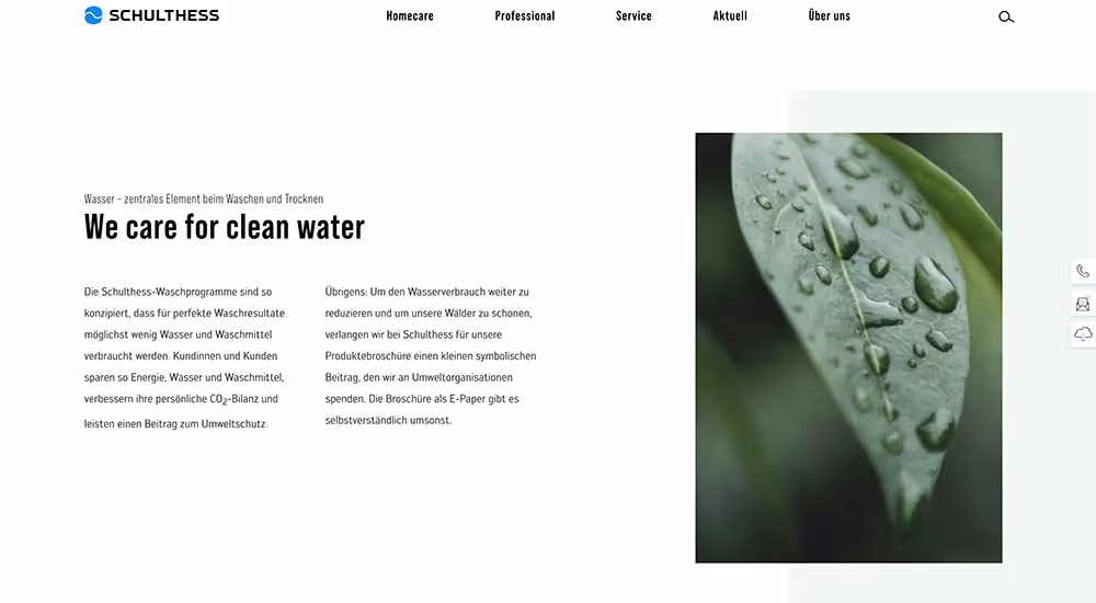 Schulthess Website Blatt mit Wasertropfen – Webagentur Zürich Rosarot