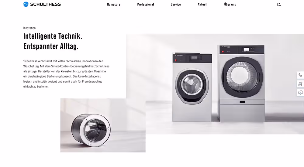 Schulthess Website mit drei Industriewaschmaschinen – Webagentur Zürich Rosarot