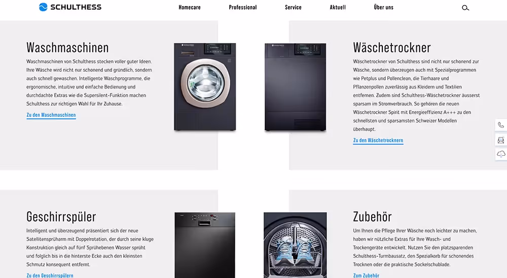 Schulthess Website mit schwarzer Waschmaschine und Tumbler – Webagentur Zürich Rosarot