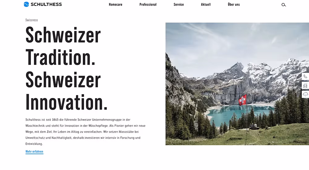 Schulthess Website mit schweizer Berge und Fahne – Webagentur Zürich Rosarot