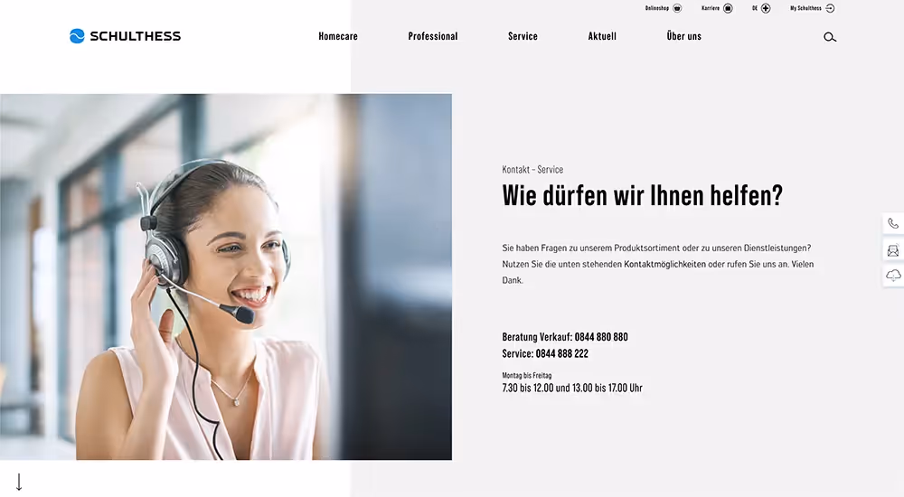 Schulthess Website mit Frau als Telefonsupport – Webagentur Zürich Rosarot