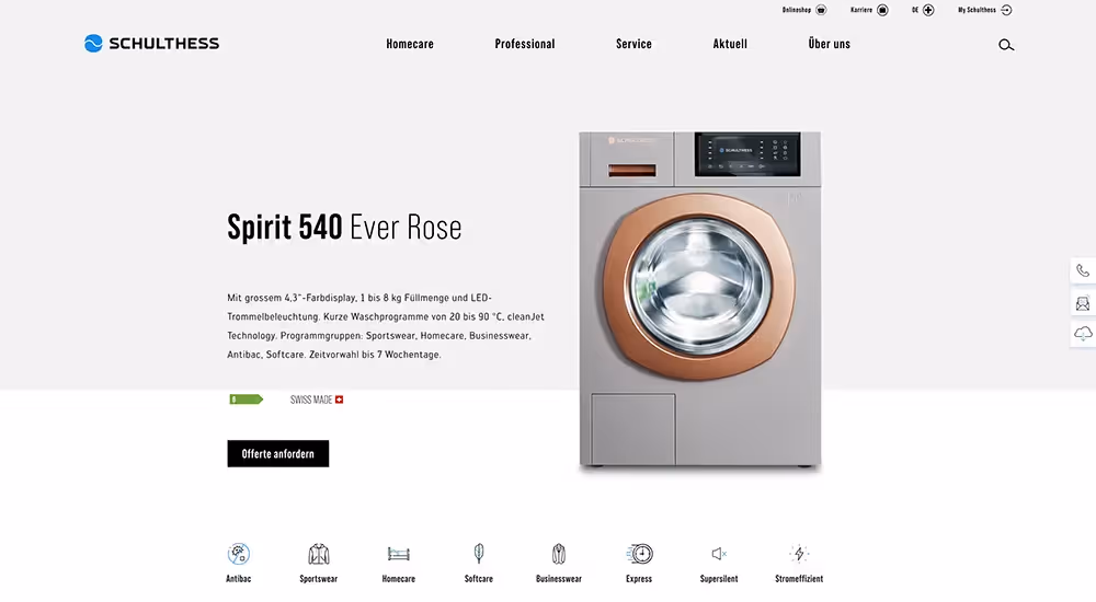 Schulthess Website mit grauer Waschmaschine – Webagentur Zürich Rosarot