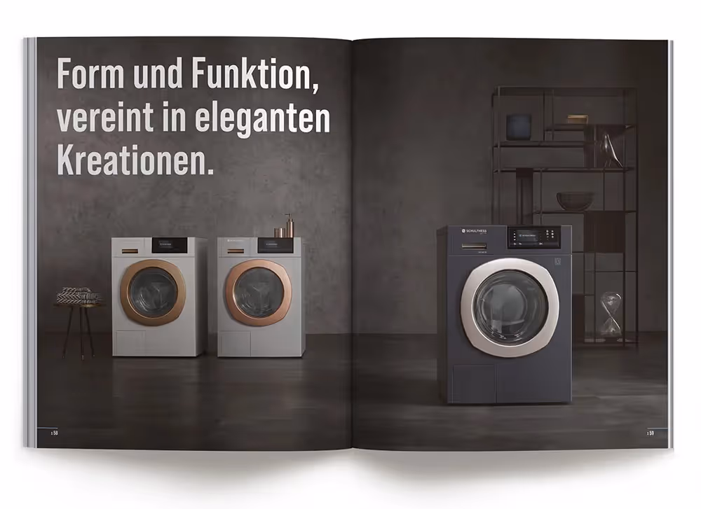 Schulthess Katalog dunkel mit drei Waschmaschinen – Werbeagentur Zürich