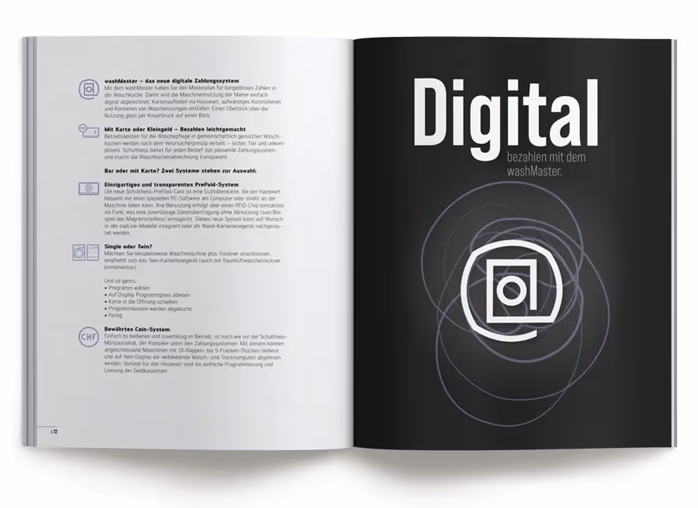 Schulthess Katalog schwarze Seite mit Digital Display – Werbeagentur Zürich