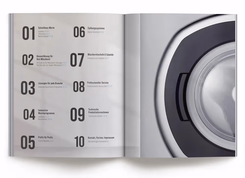 Schulthess Katalog mit Waschmaschine in weiss – Werbeagentur Zürich