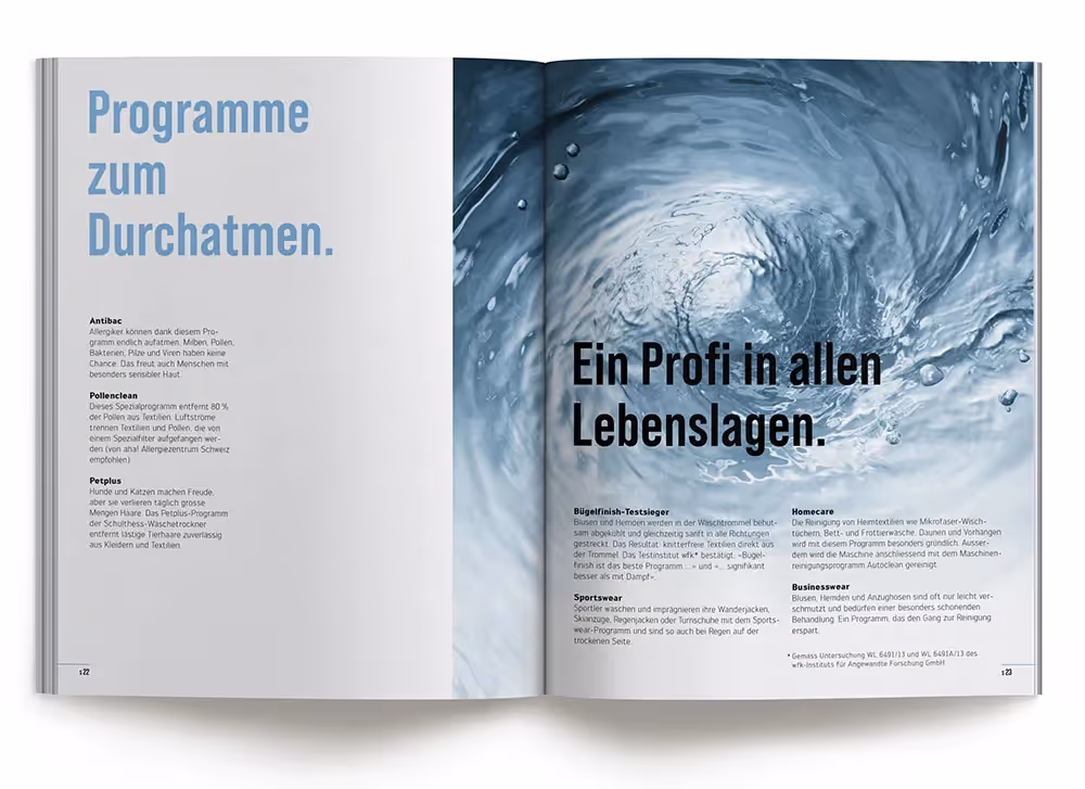 Schutlhess Katalog mit Wasser von einer Waschmaschine – Werbeagentur Zürich