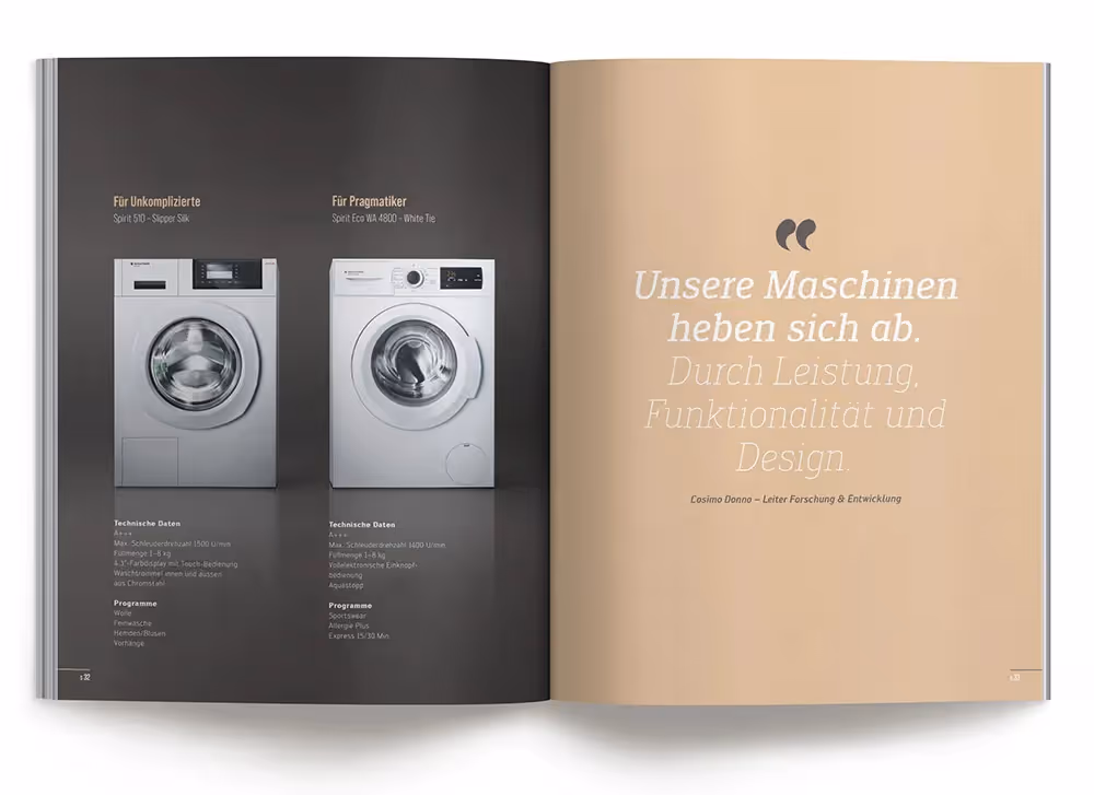Schulthess Waschmaschinen Katalog mit zwei Waschmaschinen – Werbeagentur Zürich