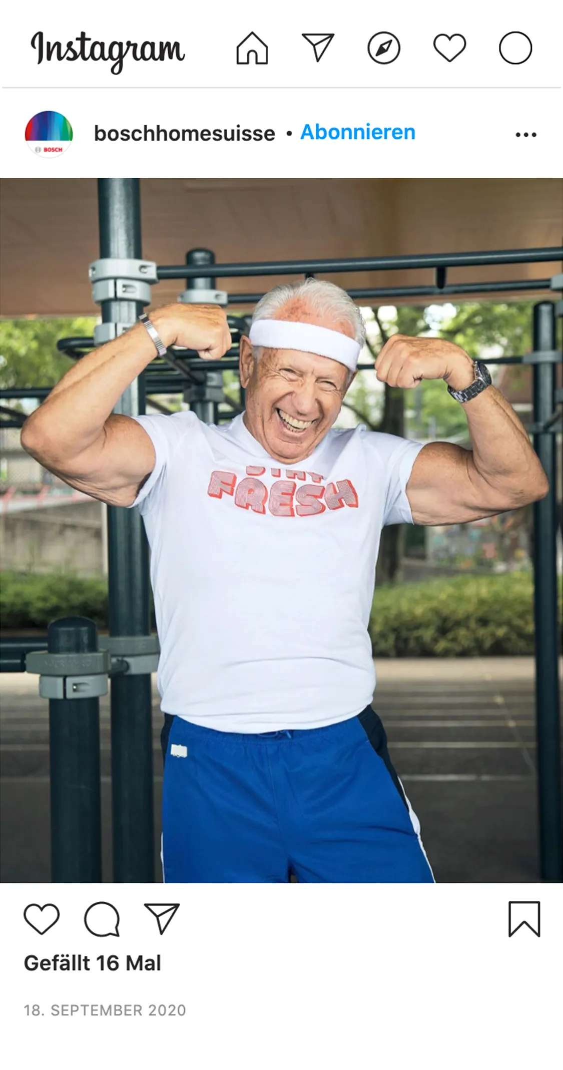 Bosch Social Media Post mit einem alten sportlichen Mann – Social Media Agentur
