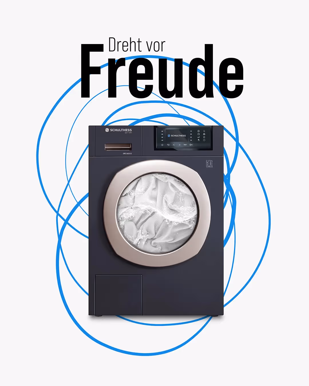 Schulthess schwarze Waschmashcine mit Text: Dreht vor Freude – Online Marketing Agentur