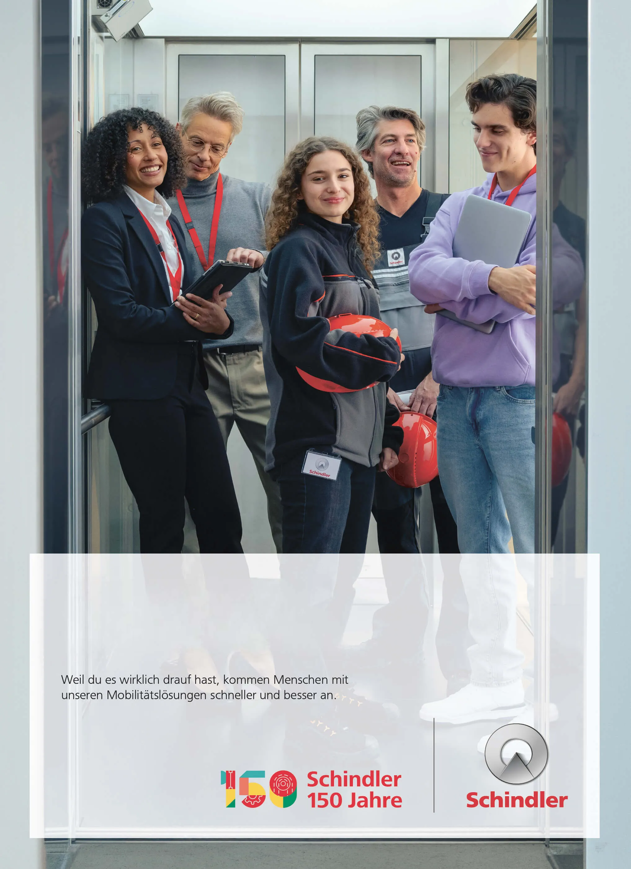 Schindler 5 Personen in einem Lift hochformat – Werbeagentur Zürich