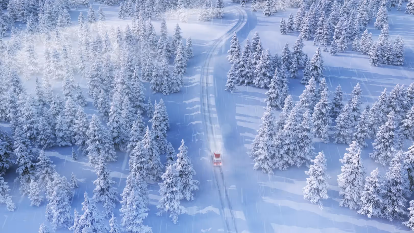 Verschneiter Wald mit einer Strasse. VW Nikolaus Bus von AMAG – Marketing Agentur