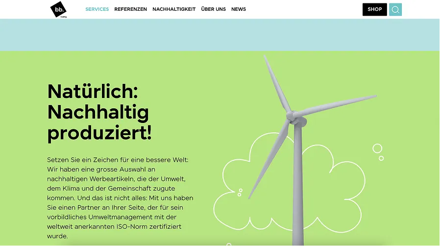 Website-Sektion mit Windrad-Grafik und Text „Natürlich: Nachhaltig produziert!“ über umweltfreundliche Produktion bei bb trading.