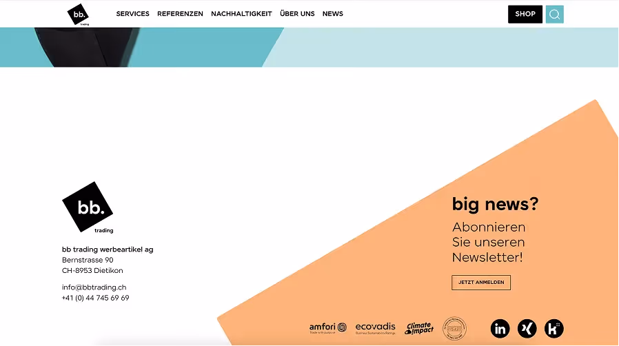 Footer der Website von bb trading mit Kontaktinfos links und Newsletter-Aufruf „big news?“ auf orangefarbener Fläche rechts.