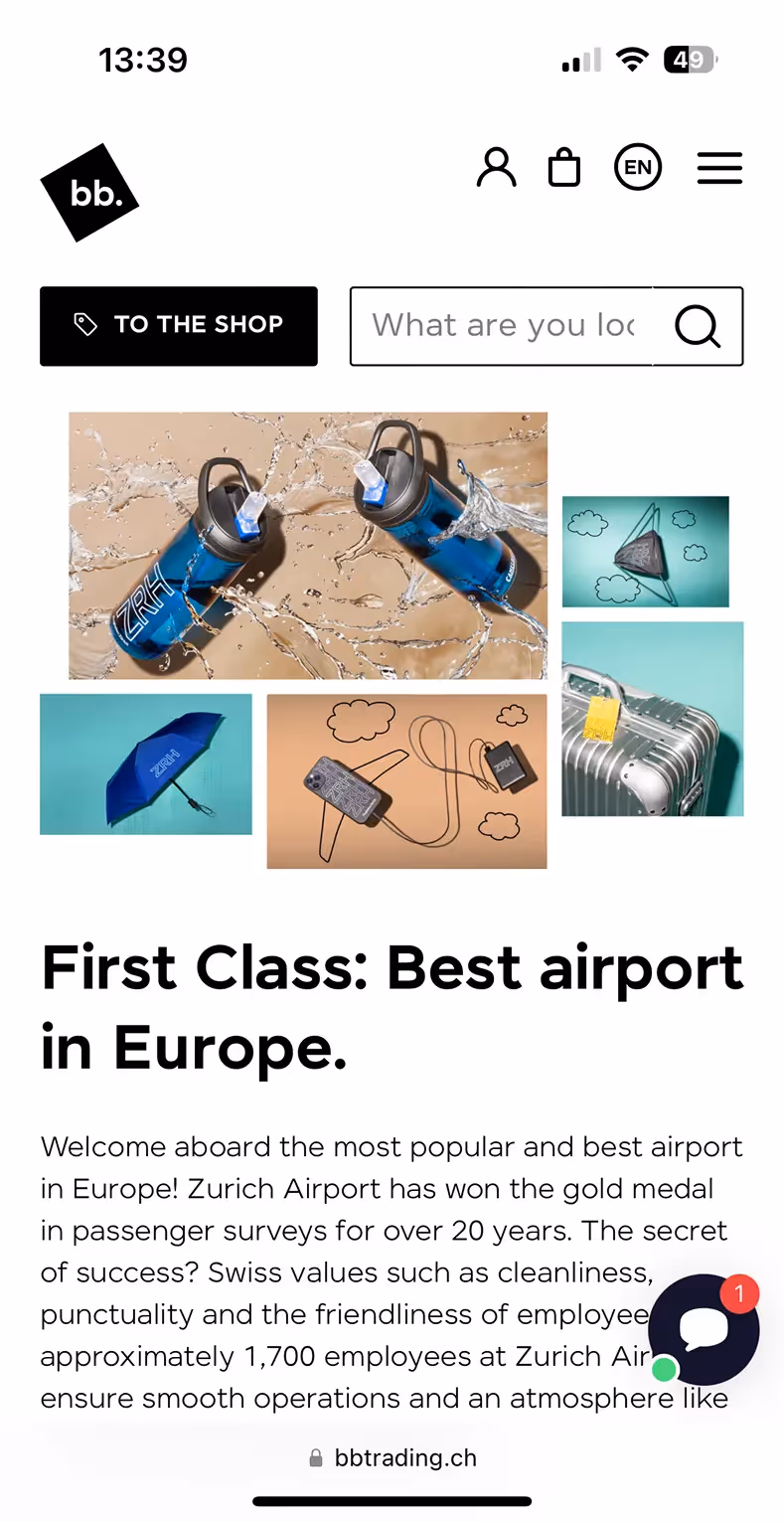 Mobile-Webseite von bbtrading mit Artikel über den Flughafen Zürich als besten Europas, bebildert mit Kofferschlössern und Reiseaccessoires.