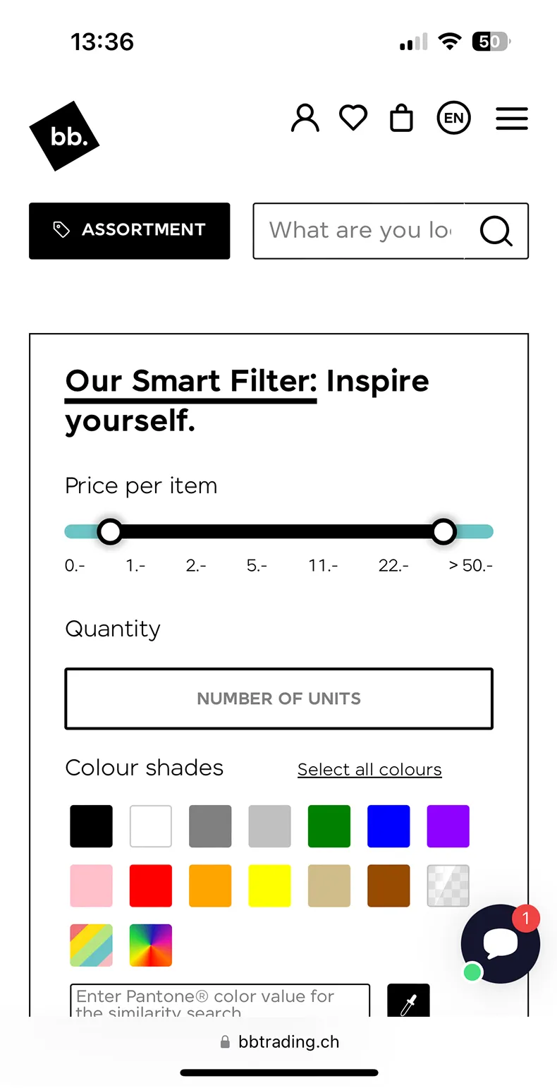 Mobile-Ansicht eines Produktfilters mit Preis-Slider, Mengeneingabe und Farbauswahl auf der Website von bbtrading.