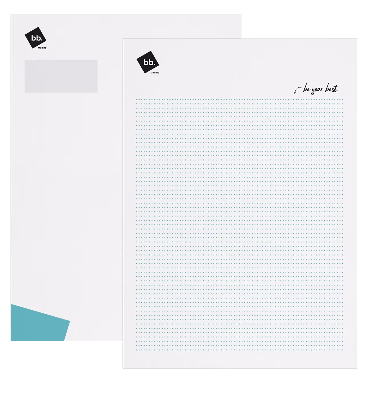 Modern gestaltetes Briefpapier-Set von bb trading mit Logo, türkisfarbener Ecke und feinem Rasterpunktmuster.