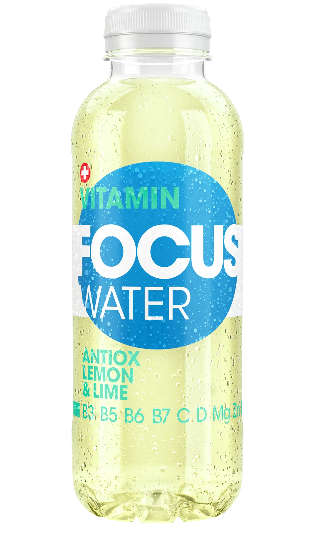 Hellgelbe FOCUS WATER Flasche „Antiox Lemon & Lime“ mit Vitaminen B3, B5, B6, B7, C, D und Magnesium.

