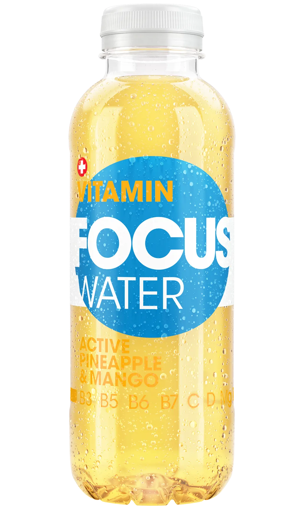 Gelbe FOCUS WATER Flasche „Active Pineapple & Mango“ mit Vitaminen B3, B5, B6, B7, C und D.

