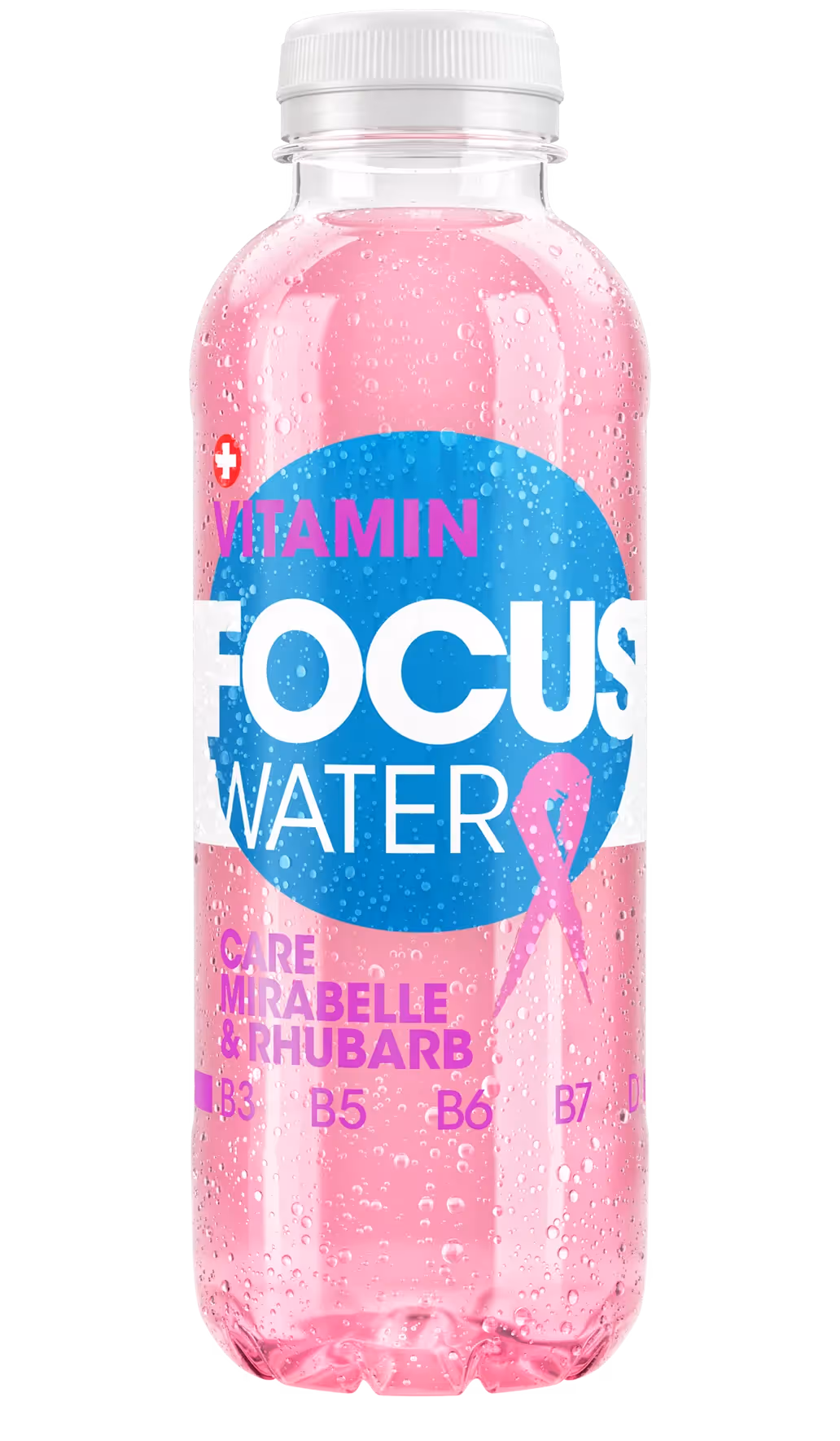 Pinkfarbene FOCUS WATER Flasche „Care Mirabelle & Rhubarb“ mit Vitaminen B3, B5, B6 und B7.

