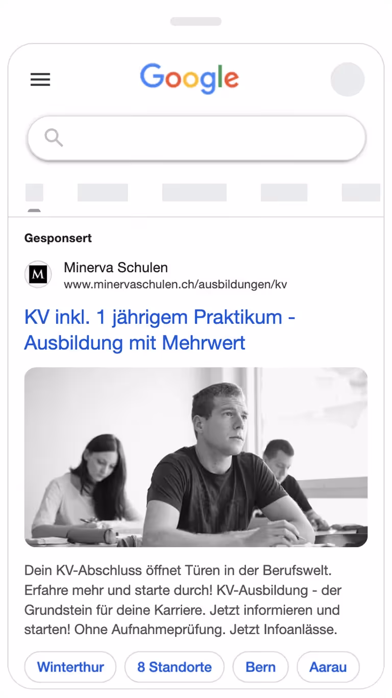 Google Search Anzeige von Minerva für KV-Praktikum & Ausbildung mit Mehrwert