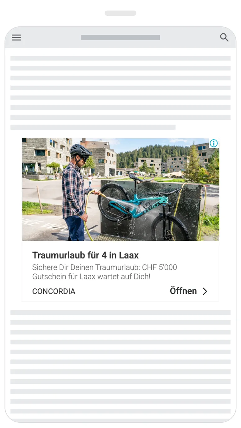 Google Display Anzeige von CONCORDIA für Traumurlaub in LAAX mit E-Bike Gewinnspiel