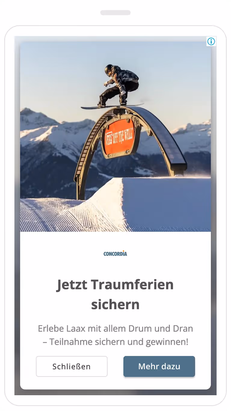 Mobile Display Ad von CONCORDIA für Feriengewinnspiel in LAAX