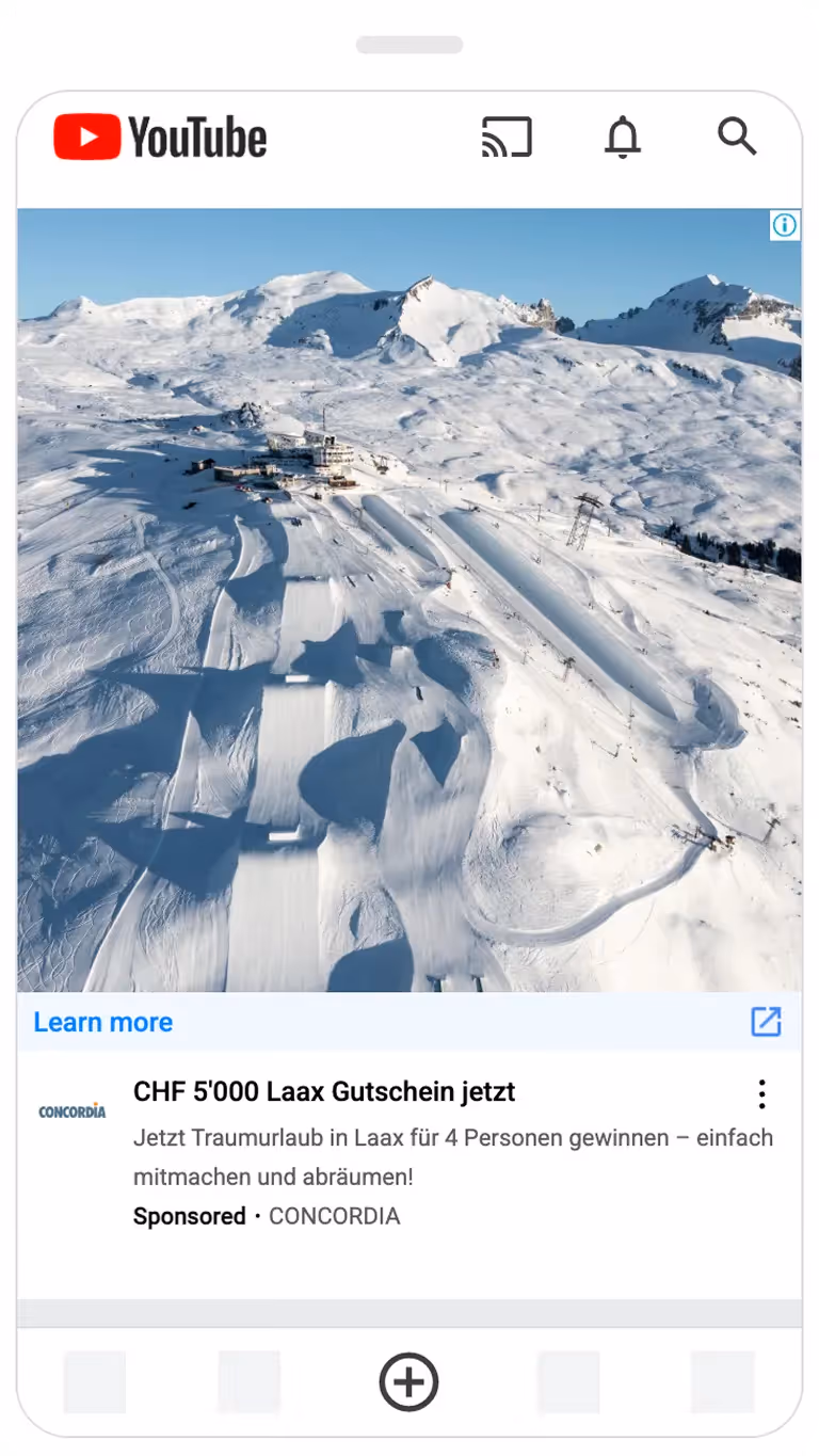 YouTube Anzeige von CONCORDIA für Feriengewinnspiel in der Bergregion LAAX