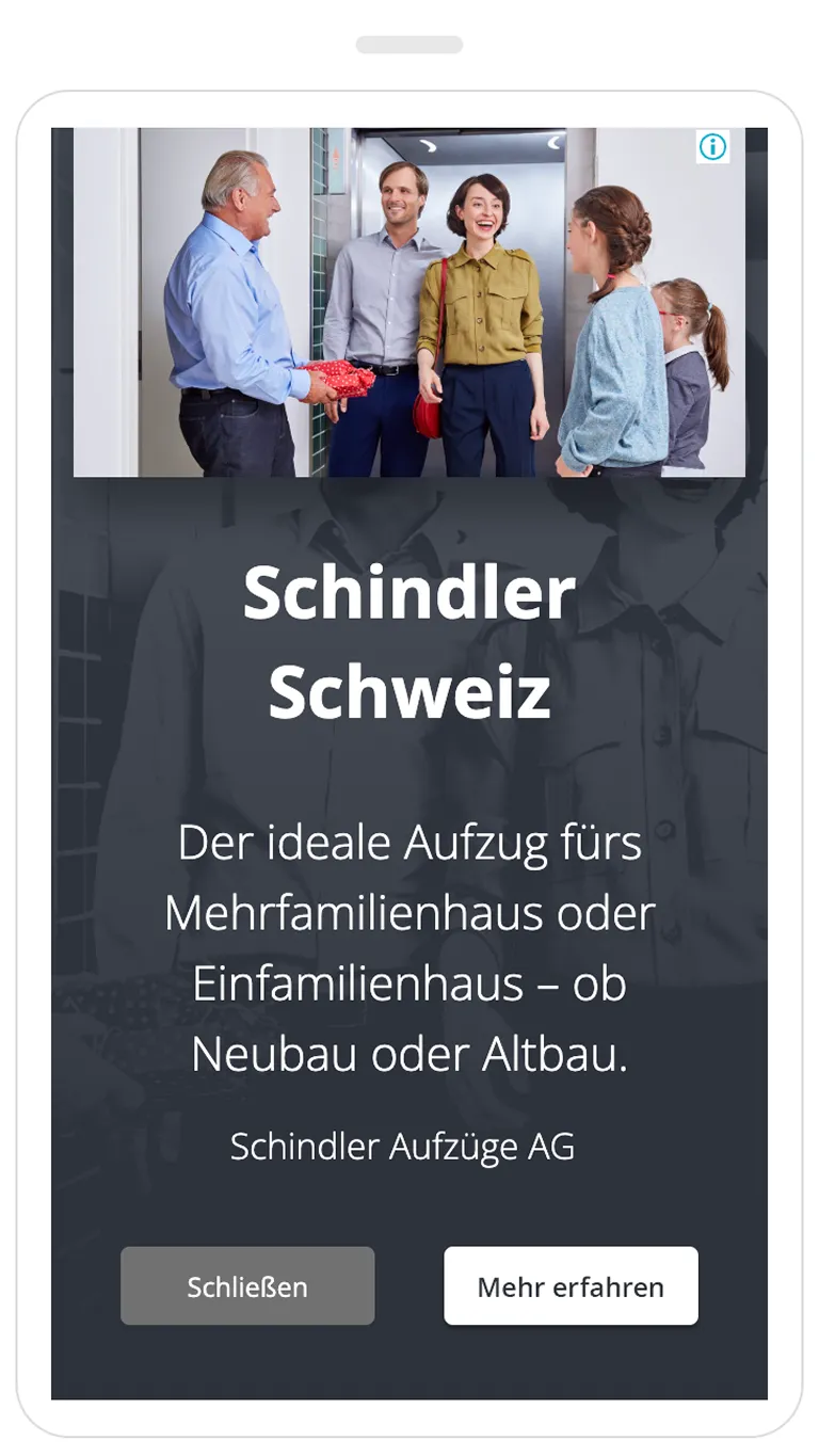 Google Display Anzeige von Schindler Schweiz für moderne Aufzugslösungen im Wohnbau
