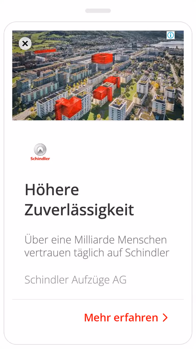 Google Display Anzeige von Schindler mit Fokus auf Zuverlässigkeit & Markenvertrauen
