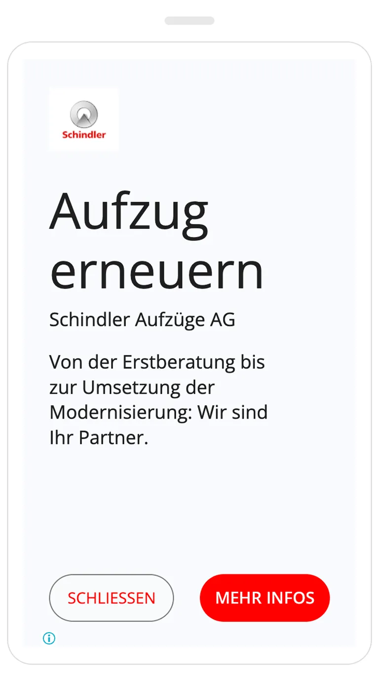 Mobile Display Anzeige von Schindler für moderne Aufzugslösungen