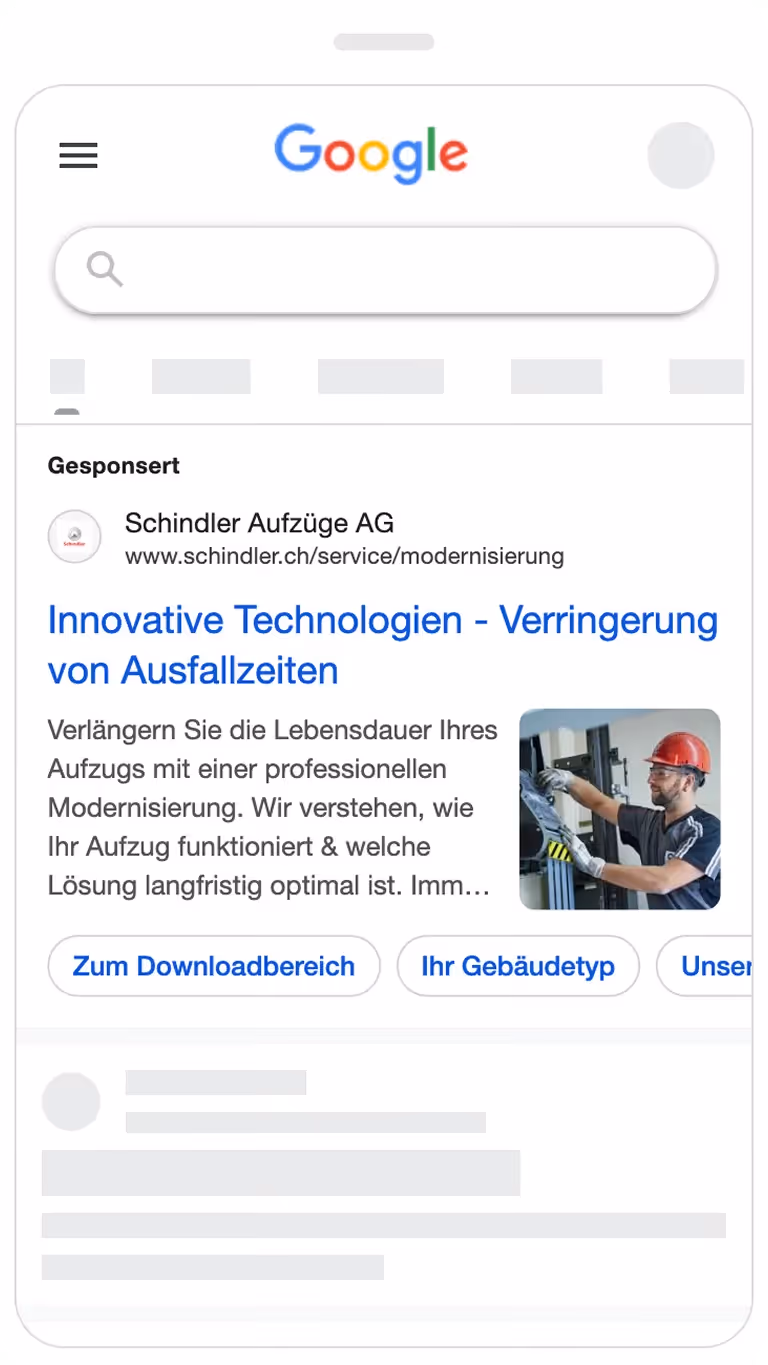 SEA Kampagne von Schindler mit Google Search Ad im mobilen Format