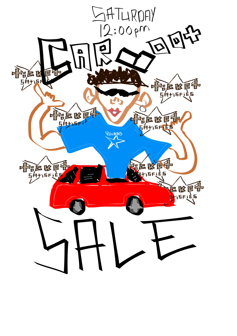 A drawing of a man standing in front of a red car.
