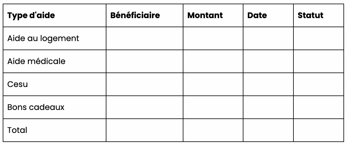 Modèle de tableau Excel de suivi des aides du CSE
