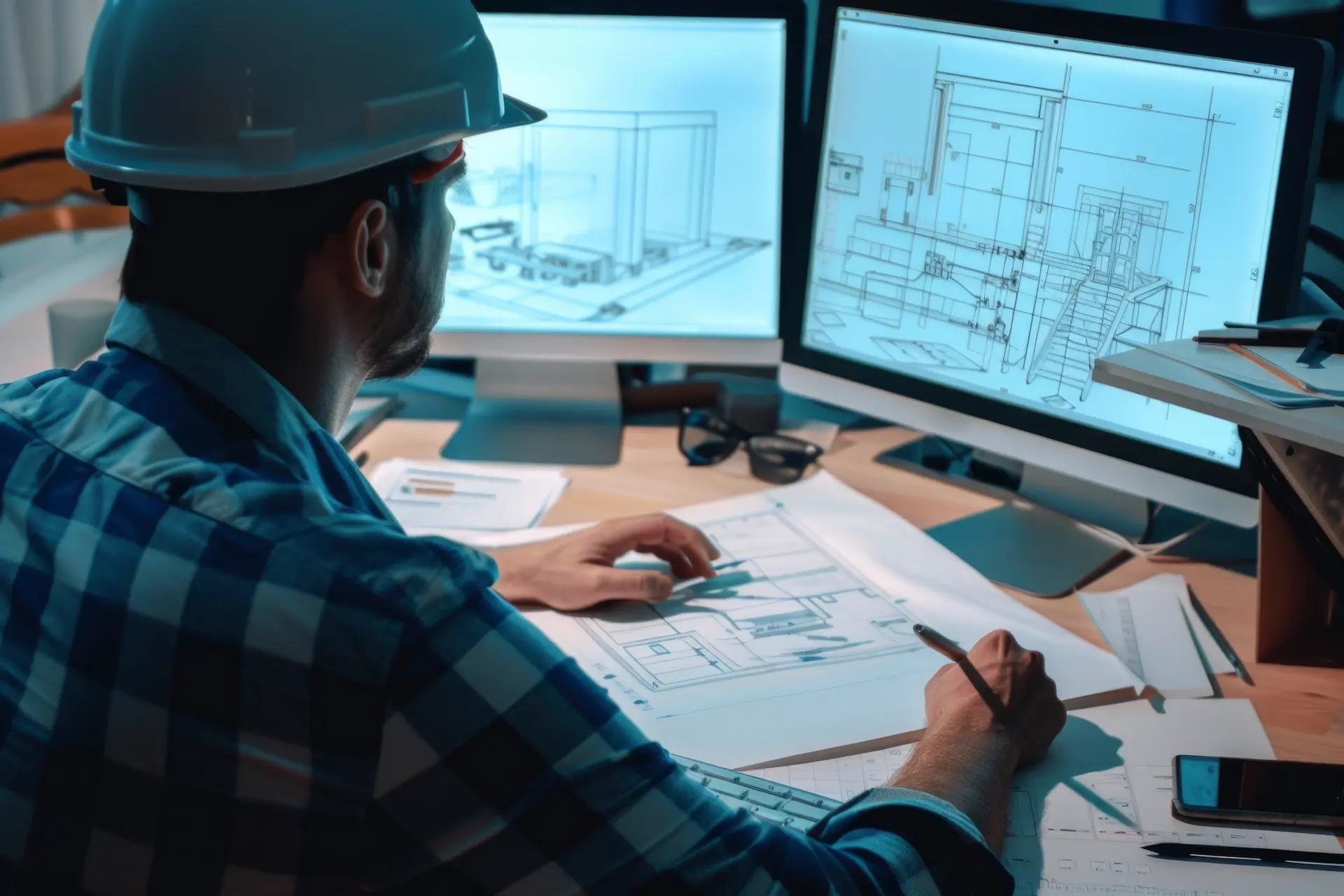 Engineer reviewing construction drawings