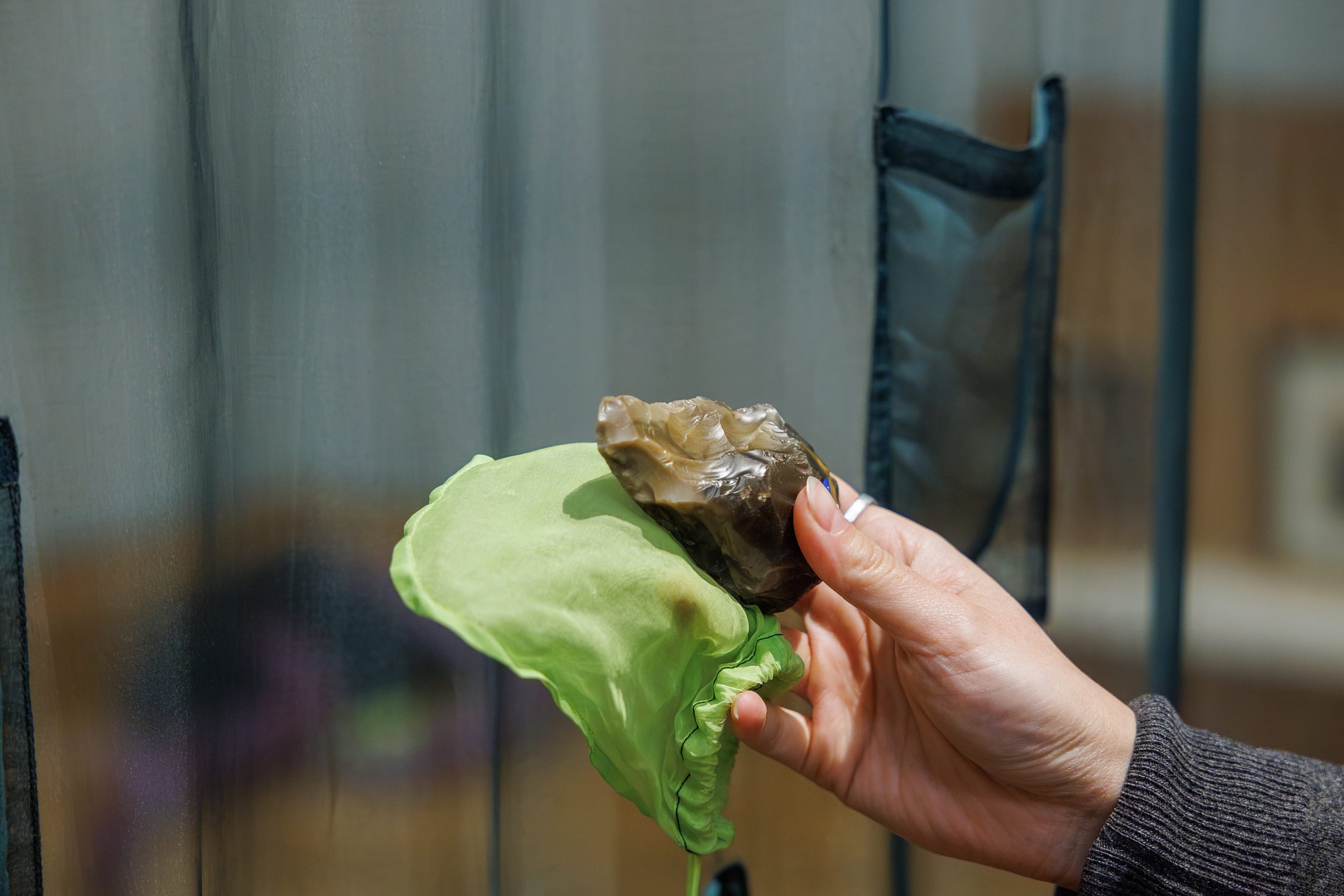 Sophie Mak-Schram and George H. Wale, ‘through more hands hold’, from ‘To Shift a Stone’, installation view, National Museum Cardiff, photograph by Dan Weill.